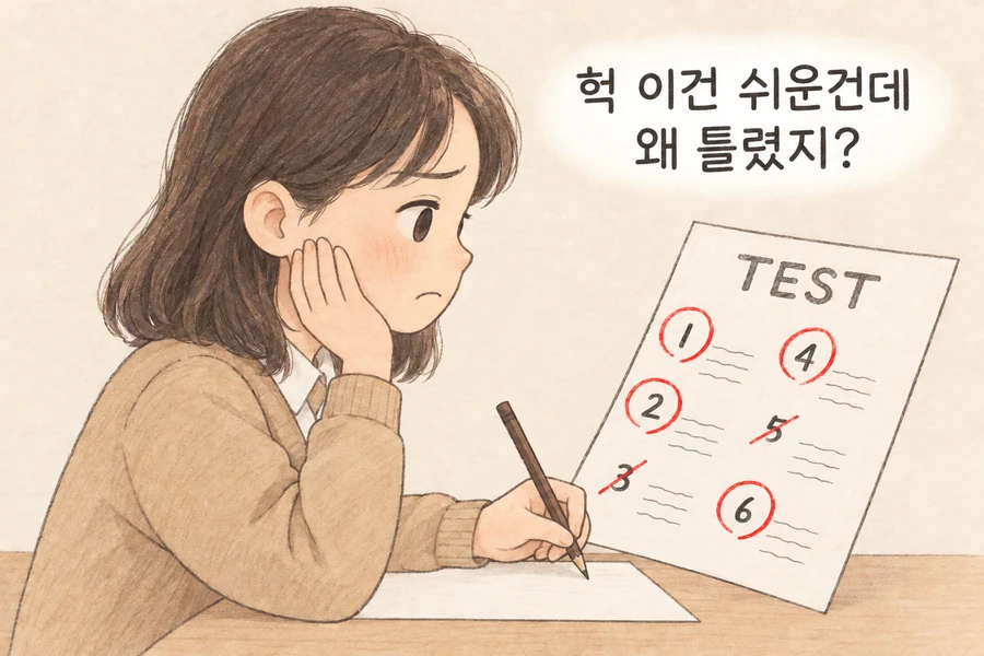 쉬운 문제를 왜 틀렸는지 시험지를 보며 고민하는 학생