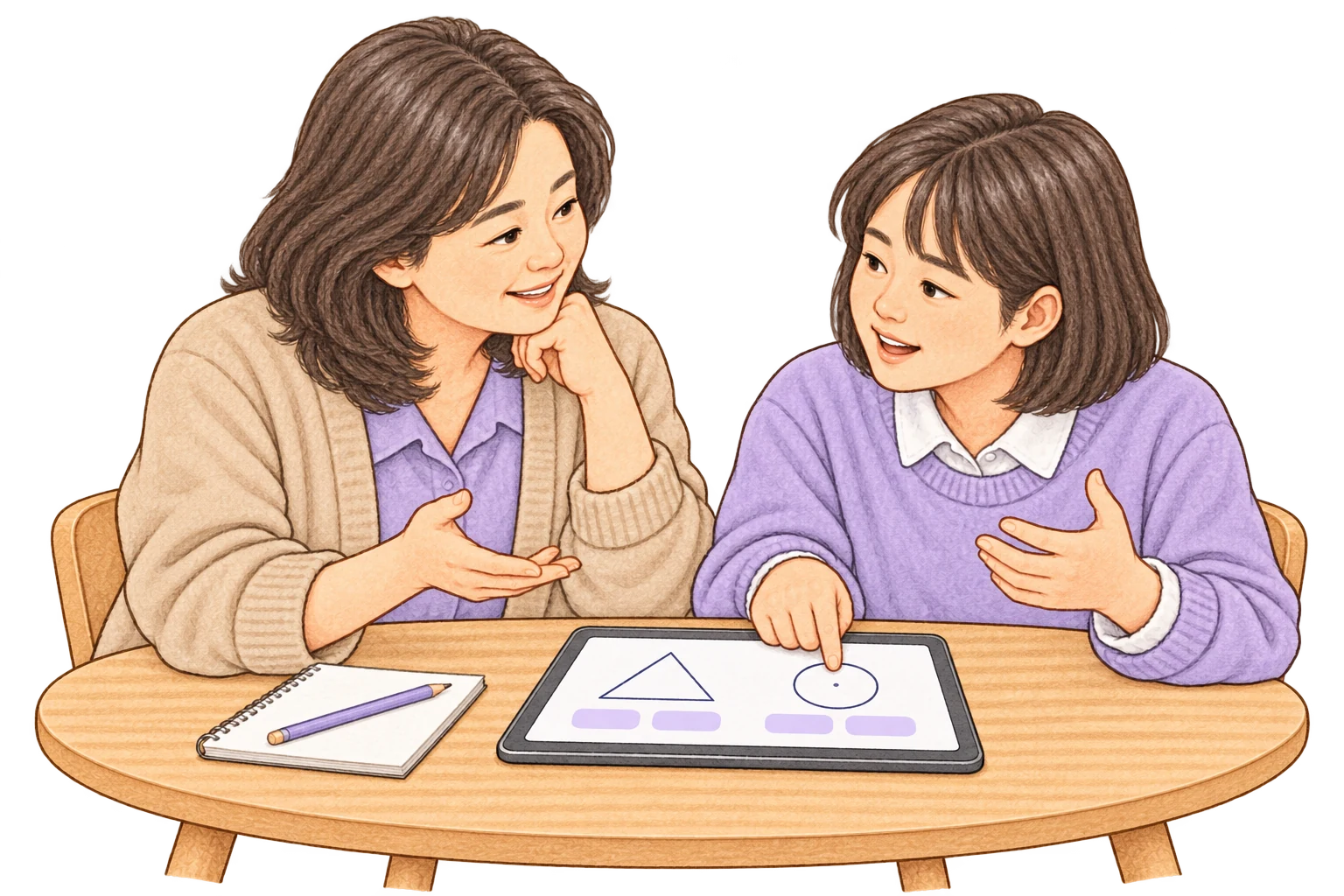 학생이 태블릿의 막힌 지점을 가리키며 설명하고, 선생님이 눈을 맞추고 경청하며 함께 어려운 부분을 찾는 모습